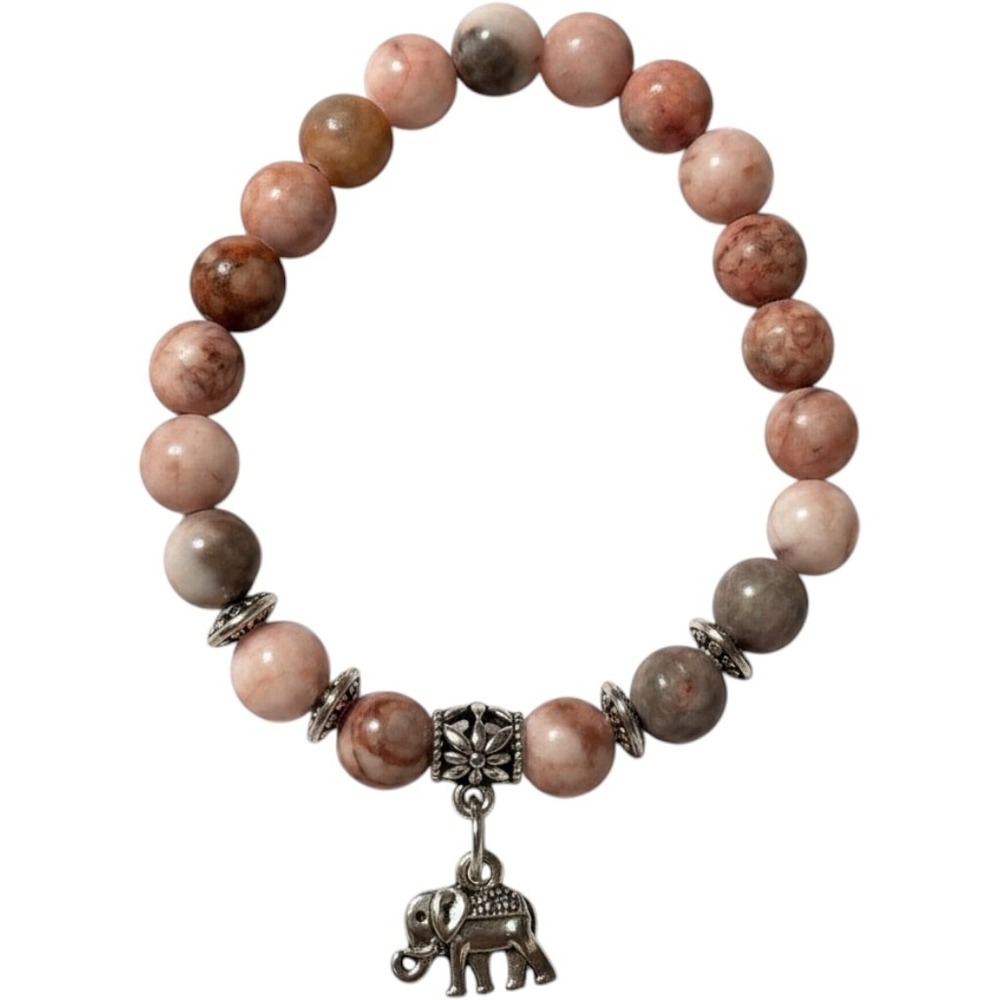 Pink Multicolor Stone Elephant Charm Beaded Stretch Bracelet Chic